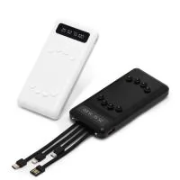 Carregador power bank de 10.000mAh com lanternas e múltiplas saídas. Fabricado em plástico com display integrado, este power bank vem equipado com quatro cabos de carregamento, eliminando a necessidade de transportar cabos extras. Compatível com entradas V8, Tipo-C, Lightning e USB, ele oferece praticidade absoluta. Para um transporte conveniente e seguro, o power bank possui ventosas para fixação do celular e uma capacidade real de 6.000mAh para manter os dispositivos sempre carregados.. Acompanha cabo USB-V8.