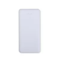 Power bank em plástico, 10.000mAh, quatro LEDs indicadores de carga. Duas portas USB, uma Micro USB, uma USB-C.
