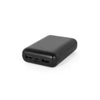 Bateria portátil em ABS 100% reciclado, 10000 mAh. Indicador de nível de carga, USB-C, microUSB e duas USB-A.
