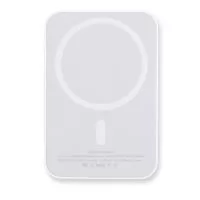 Power bank para carregamento de dispositivos compatíveis com a tecnologia de indução magnética, estrutura em plástico, entrada USB-C para alimentação e capacidade de até 10.000mAh.