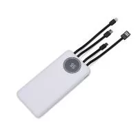 Carregador portátil plástico com 10.000mAh e indicador led de bateria. Possui entrada V8, acompanha cabo USB, adaptador lightning e adaptador tipo-C.
