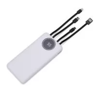 Carregador portátil de 10.000mAh com display digital indicador de bateria, contém duas lanternas de LED e quatro cabos com saídas para: cabo Lightning, USB-C, micro USB e USB. O carregador possui uma porta USB dupla (entrada e saída) com carga rápida e duas entradas, USB-C e micro USB, exclusivas para o carregamento do próprio dispositivos Acompanha cabo USB para recarga.