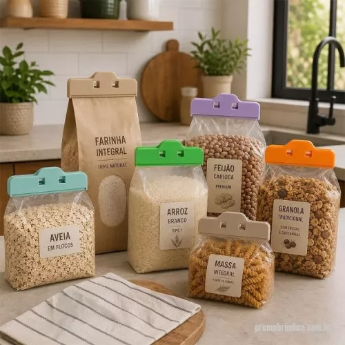 Prendedor de embalagem personalizado - Kit composto por quatro prendedores de pressão multiuso confeccionados em plástico com duas molas em