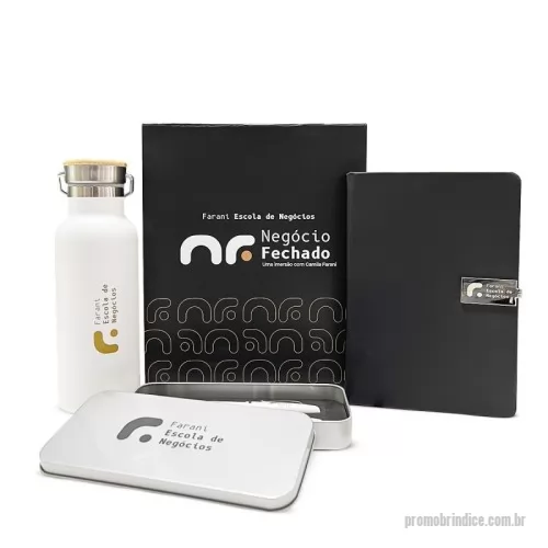 press kit personalizados - Kit welcome board, contém caixa rígida cartonada 25x20x10cm, garrafa térmica em aço inox com parede dupla 500ml, caderneta emborrachada com fecho metalico 14,8x21,2cm e conjunto caneta e lapiseira de metal.