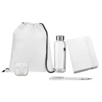 Kit Onboarding (Boas Vindas e Integração): Sacola tipo mochila em nylon 210D. 350 x 410 mm (92910). Caderno capa dura. C. sintético. Com 80 folhas não pautadas. 14x9cm (93425). 	Caneta plástica esferográfica retrátil escrita em azul (884200). Fone de ouvido estéreo com microfone e controle de volume com entrada P2 (312789). Squeeze plástica *RPET com alça e tampa de metal. Capacidade 500ml (887500).