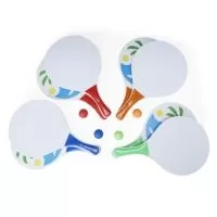 Kit Frescobol MDF - Descrição: Kit frescobol em MDF com embalagem de malha plástica. Contém 2 raquetes de madeira com pegador de revestimento plástico e bolinha emborrachada.