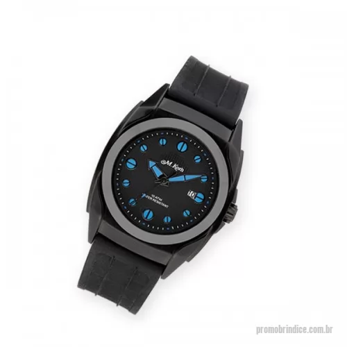 Relógio de pulso personalizado - Relógio de pulso análogo quartz, caixa em aço e pulseira PU. Mostrador preto, com calendário e index em alto relevo. Divulgue sua marca e personalize com o seu logo.