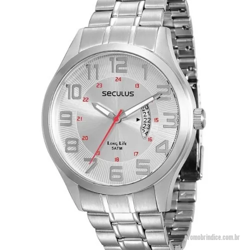 Relógio de pulso personalizado - Relógio de pulso marca Seculus com  caixa e pulseira em aço, com index em alto relevo e calendário. Divulgue sua marca e personalize com o seu logo.