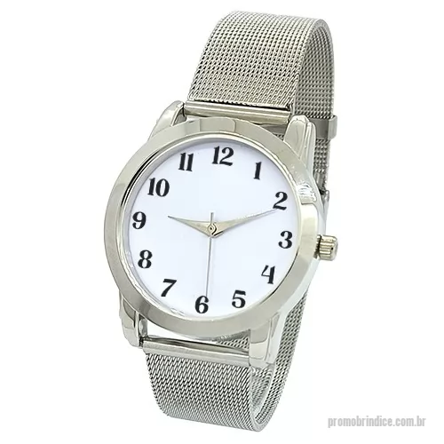 Relógio de pulso personalizado - Relógio de pulso analógico mecanismo Quartz máquina SL68, caixa em metal na cor prata, pulseira de malha.