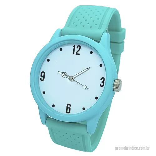Relógio de pulso personalizado - Relógio de pulso analógico mecanismo Quartz máquina SL68, caixa em ABS na cor azul tiffany, pulseira de borracha PVC flexível e macia com detalhes de bolinha cor azul tiffany