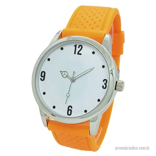 Relógio de pulso personalizado - Relógio de pulso analógico mecanismo Quartz máquina SL68, caixa em metal na cor prata, pulseira com detalhes de bolinha laranja