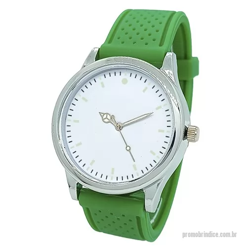 Relógio de pulso personalizado - Relógio de pulso analógico mecanismo Quartz máquina SL68, caixa em ABS na cor prata, pulseira de borracha PVC flexível e macia com detalhes de bolinha cor verde