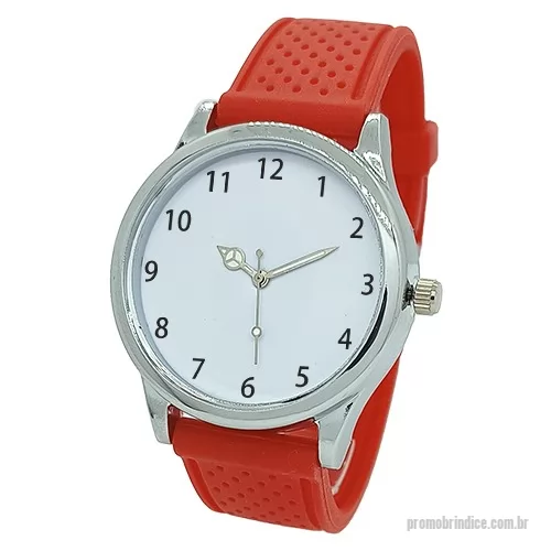 Relógio de pulso personalizado - Relógio de pulso analógico mecanismo Quartz máquina SL68, caixa em ABS na cor prata, pulseira de borracha PVC flexível e macia com detalhes de bolinha na cor vermelha