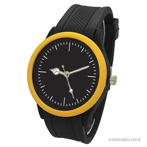 Relógio de pulso personalizado - Relógio de pulso analógico mecanismo Quartz máquina SL68 , caixa em ABS preta com aro amarelo, pulseira de borracha PVC flexível e macia curvada preta