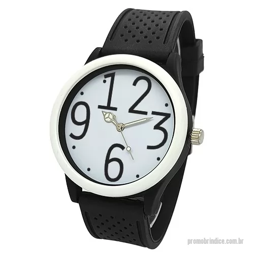 Relógio de pulso personalizado - Relógio de pulso analógico mecanismo Quartz máquina SL68 , caixa em ABS preta com aro branco, pulseira de borracha PVC flexível e macia detalhes em bolinha preta