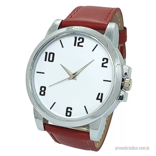 Relógio de pulso personalizado - Relógio de pulso analógico mecanismo Quartz máquina SL68, caixa em ABS na cor prata, pulseira de couro vermelha