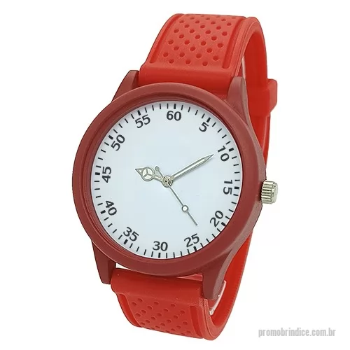 Relógio de pulso personalizado - Relógio de pulso analógico mecanismo Quartz máquina SL68, caixa em ABS na cor vermelha, pulseira de borracha PVC flexível e macia com detalhes de bolinha vermelha