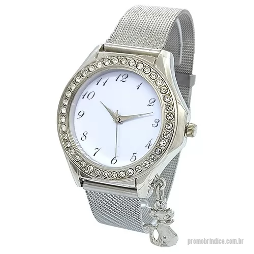 Relógio de pulso personalizado - Relógio de pulso analógico mecanismo Quartz máquina SL68, caixa em metal na cor prata com strass, pulseira de malha.