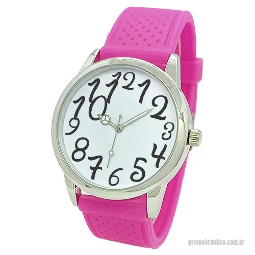 Relógio de pulso personalizado - Relógio de pulso analógico mecanismo Quartz máquina SL68, caixa em metal na cor prata, pulseira com detalhes de bolinha pink