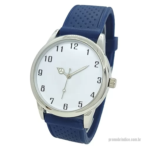 Relógio de pulso personalizado - Relógio de pulso analógico mecanismo Quartz máquina SL68, caixa em metal na cor prata, pulseira com detalhes de bolinha azul marinho