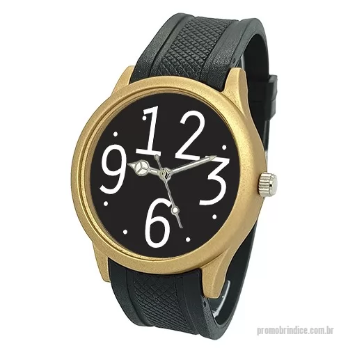 Relógio de pulso personalizado - Relógio de pulso analógico mecanismo Quartz máquina SL68, caixa em ABS na cor dourada, pulseira curva de borracha PVC flexível e macia na cor preta
