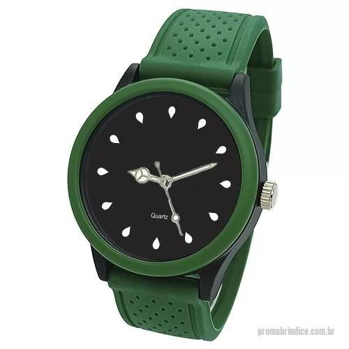 Relógio de pulso personalizado - Relógio de pulso analógico mecanismo Quartz máquina SL68 , caixa em ABS preta com aro verde, pulseira de borracha PVC flexível e macia detalhes em bolinha verde