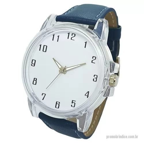 Relógio de pulso personalizado - Relógio de pulso analógico mecanismo Quartz máquina SL68 , caixa em ABS transparente, pulseira de couro azul marinho