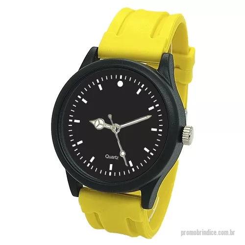 Relógio de pulso personalizado - Relógio de pulso analógico mecanismo Quartz máquina SL68 , caixa em ABS preta, pulseira de borracha PVC flexível e macia detalhe friso amarela