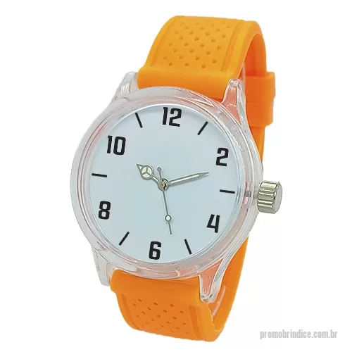 Relógio de pulso personalizado - Relógio de pulso analógico mecanismo Quartz máquina SL68 , caixa em ABS transparente, pulseira de borracha PVC flexível e macia detalhes em bolinha laranja