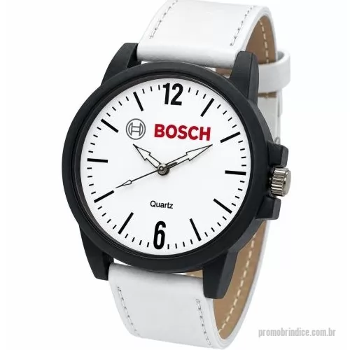 Relógio de pulso personalizado - Relógio de pulso analógico personalizado com logo, caixa preta, pulseira de couro branca, bateria Maxcell, maquina SL68 , com garantia de 1 ano e embalagem personalizada sem limite de cores (mostrador sem limite de personalização).
