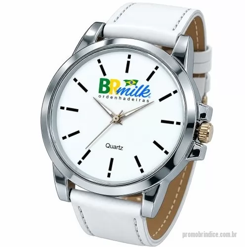 Relógio de pulso personalizado - Relógio de pulso analógico personalizado com logo, caixa cromada, pulseira de couro branco, bateria Maxcell, maquina SL68 , com garantia de 1 ano e embalagem personalizada sem limite de cores (mostrador sem limite de personalização).