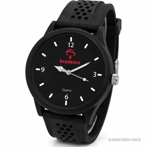 Relógio de pulso personalizado - Relógio de pulso analógico personalizado com logo, caixa preta, pulseira esportiva bolinha preta, bateria Maxcell, maquina SL68 , com garantia de 1 ano e embalagem personalizada sem limite de cores (mostrador sem limite de personalização).