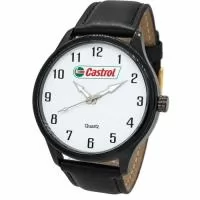 Relógio de pulso analógico personalizado com logo, caixa preta, pulseira de couro, bateria Maxcell, maquina SL68 , com garantia de 1 ano e embalagem personalizada sem limite de cores (mostrador sem limite de personalização).