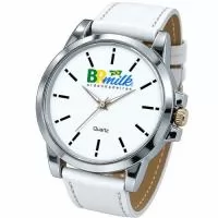Relógio de pulso analógico personalizado com logo, caixa cromada, pulseira de couro branco, bateria Maxcell, maquina SL68 , com garantia de 1 ano e embalagem personalizada sem limite de cores (mostrador sem limite de personalização).