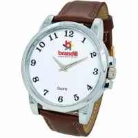 Relógio de pulso analógico personalizado com logo, caixa cromada, pulseira de couro marrom , bateria Maxcell, maquina SL68 , com garantia de 1 ano e embalagem personalizada sem limite de cores (mostrador sem limite de personalização).