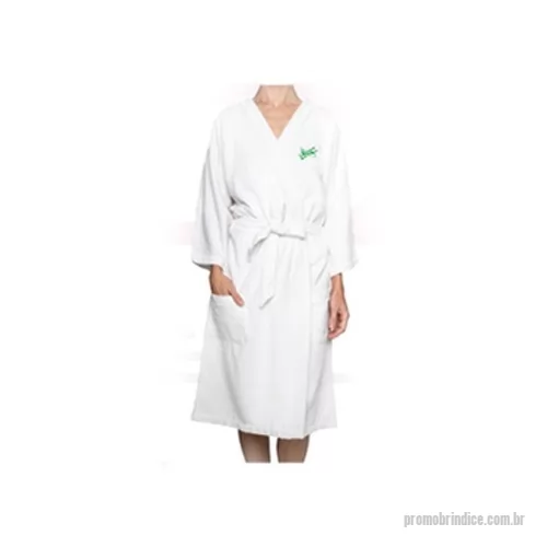 Roupão personalizado - Roupão Malibú Unissex Felpa Dúpla Bordado Quimono Felpudo nas 02 faces tamanho M, produzido em tecido de cor branco 95% algodão e 5% poliéster gramatura 260 g/m² ( disponível em 19 cores básicas de linha sob consulta ), com 01 logotipo bordado em cores com até 10.000 pontos localizado no peito (ou sob consulta para tamanhos maiores), mangas 3/4, bolsos laterais, presilhas e tira de cintura do mesmo tecido e embalado em saco plástico individual. 