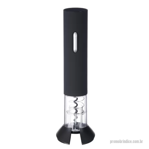 Saca rolha elétrico personalizada - Saca-rolhas elétrico com suporte cortador de lacre, contém compartimento com tampa para inclusão de 4 pilhas AA (não acompanha). O suporte cortador de lacre também pode ser utilizado como base de sustentação.