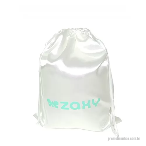 Saco de cetim personalizado - Embalagem tipo Saco em cetim branco, fechamento com fita acetinada e logo frontal.