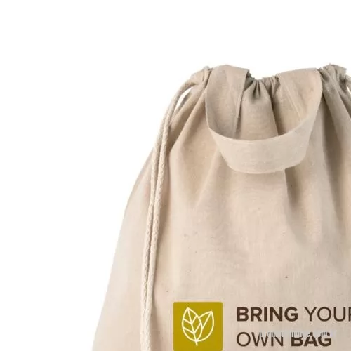Sacochila personalizada - Sacola tipo mochila em 70% algodão reciclado e 30% poliéster reciclado (140g/m²), com alças 30 cm. O tecido é sem tingimento, é utilizado na sua cor original, sem produtos químicos de tingimento ou branqueamento