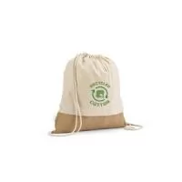 Sacola tipo mochila em 70% algodão reciclado e 30% poliéster reciclado (180 g/m²) com base em juta. Alças em algodão.