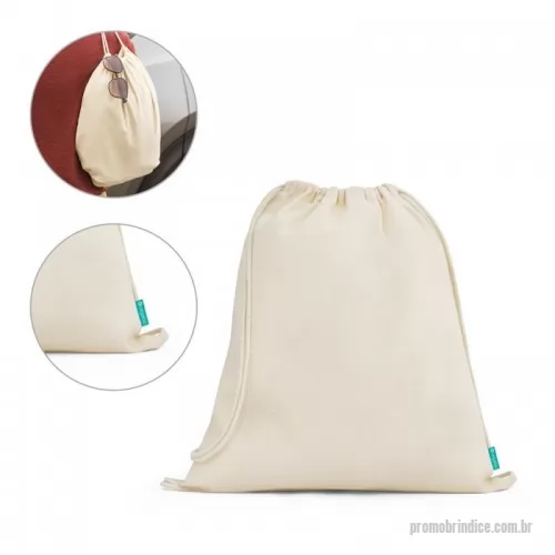 Sacola de Algodão personalizada - Saco tipo mochila 100% algodão orgânico (120 g/m²). 370 x 410 mm