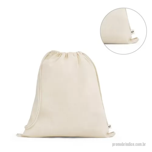 Sacola de Algodão personalizada - Sacola tipo mochila 100% algodão orgânico (140 g/m²), com alças em algodão para fechar. 370 x 410 mm