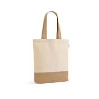 Sacola em 70% algodão reciclado e 30% poliéster reciclado (180 g/m²) com base em juta. Alças em webbing com 65 cm. 380 x 400 x 80 mm