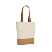 Sacola em 70% algodão reciclado e 30% poliéster reciclado (180 g/m²) com fundo em cortiça. Alças em webbing com 65 cm. 380 x 400 x 80 mm
