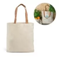 Sacola 100% algodão (180 g/m²) com alças de 60 cm em cortiça e com bolso interior. 450 x 400 x 105 mm
