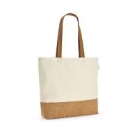 Sacola em 70% algodão reciclado e 30% poliéster reciclado (220 g/m²) com fundo em cortiça. Alças em webbing com 65 cm. 460 x 380 x 100 mm