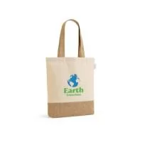 Sacola em 70% algodão reciclado e 30% poliéster reciclado (180 g/m²) com base em juta. Alças em webbing com 65 cm