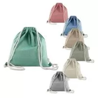 	Sacola/mochila confeccionada em algodão mescla reciclado, gramatura 140g/m², com alças em algodão cru.
