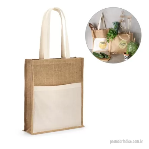 Sacola de Juta personalizada - Sacola 100% juta (240 g/m²) com alças de 65 cm e um bolso frontal 100% algodão (140 g/m²). 370 x 410 x 100 mm | Bolso: 370 x 270 mm