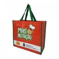 Sacola Confeccionada em ráfia laminada branca, modelo reutilizável com alça e viés personalizado. Impressão Digital, sem limite de cores. Produto de grande tiragem vendido acima de 5.000 peças.